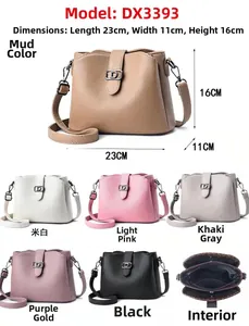 Detailed matrix view of leather handbag in six colors with metallic D logo and dimensions