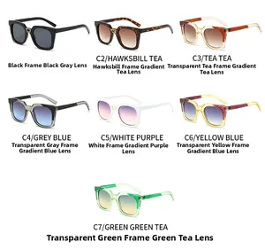 Detail showcasing seven color options for square frame sunglasses with gold temple accents