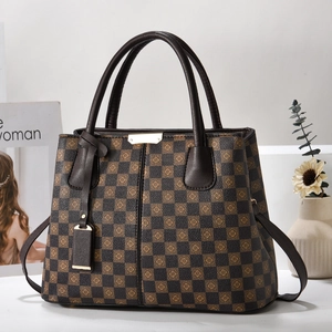Fashionable brown checkerboard tote bag for women with top handles and metallic hardware