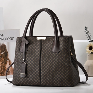 Brown geometric diamond pattern large capacity PU leather tote bag with top handles