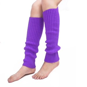 Detail view of purple ribbed knit leg warmers showing thick texture and slouchy fit