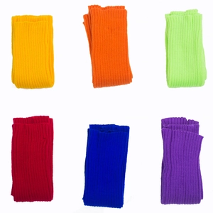 Vertical rib knit leg warmers shown in yellow, orange, green, red, blue, and purple colors