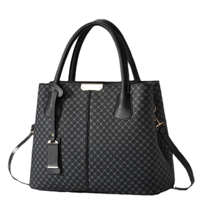 Chic black leather and grey checkered tote bag with gold hardware for women