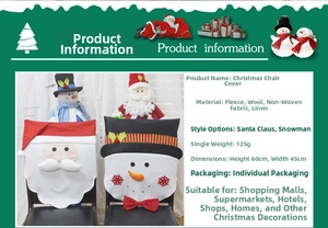Detail of Santa and Snowman chair covers showing festive fabric texture and 60x45cm size