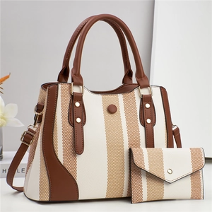 Ensemble sac à main deux pièces pour femme en toile rayée et finitions en cuir marron