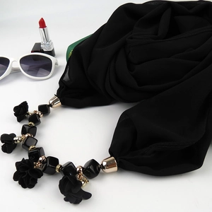 Elegant black chiffon scarf necklace with floral fabric pendant and black square beads
