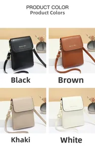 Detailed view of square flap crossbody bags in black, brown, khaki and white PU leather