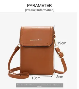 Brown leather crossbody bag detail with dimensions 19cm height, 13cm width and 3cm depth