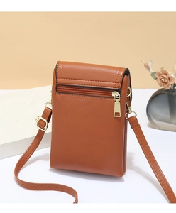 Close-up of brown PU leather crossbody phone bag with back zipper pocket and golden hardware