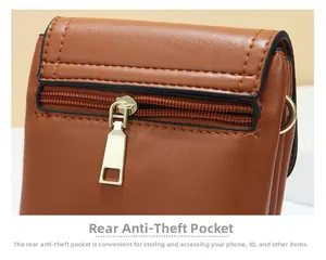 Detailed back view of brown leather crossbody bag with functional anti-theft zipper pocket