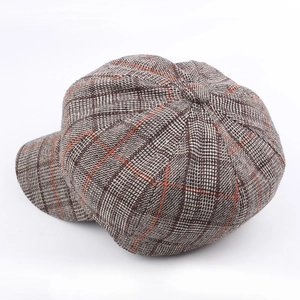 Classic plaid baker boy cap in brown and orange wool blend for autumn and winter