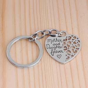 Detail of silver heart keychain engraved with Mother and Daughter Forever quote