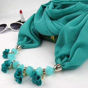 Chiffon Scarf Necklace With Resin Beads Alloy Jewelry And Fabric Flower Elegant Boho Decorative Wrap For Women