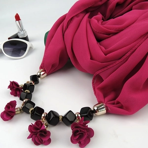 Ethnic style rose red flower necklace scarf with black square beads on white background