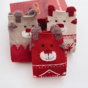 Three pairs of Christmas cotton socks with 3D bear ears in red, beige and apricot colors