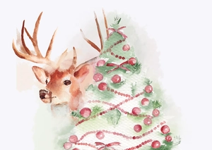Close-up of festive reindeer and Christmas tree watercolor illustration on cotton socks