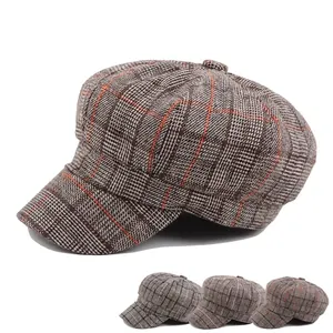 Retro plaid tweed newsboy octagonal beret hat with vintage orange and grey stripes pattern