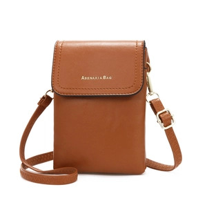 Brown leather crossbody bag with flap cover and gold logo on a clean white background