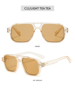 Detail view of square double-bridge sunglasses in light tea tint from front and 45-degree angle