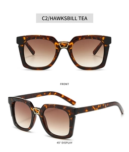 Detailed front and 45-degree angle view of vintage square sunglasses in tortoiseshell tea
