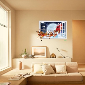 3D Christmas wall sticker featuring Santa Claus and reindeer jumping through a white window
