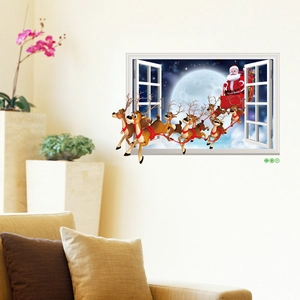 3D Christmas wall sticker featuring Santa and reindeer through a faux window view