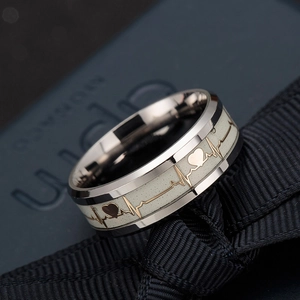 Luminous stainless steel heart EKG ring with golden heartbeat line in blue gift box