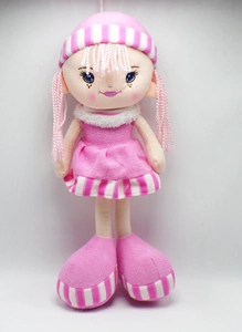 Cute pink stuffed rag doll for girls with striped hat and embroidered facial features