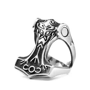 Thor Hammer Mjolnir Ring Viking Nordic Runes Vintage Stainless Steel Retro Gothic Jewelry For Men