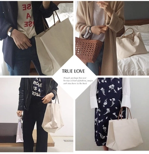Collage of large canvas tote bag styled with various casual and formal outfits