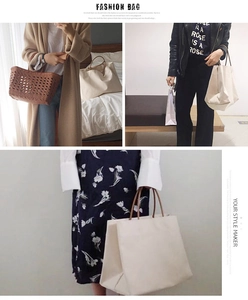 Detail showing a minimalist woven tote and a large canvas bag with leather handles