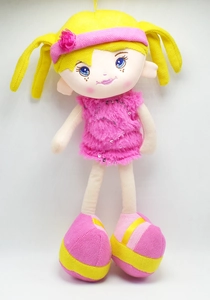 Cute long-legged plush doll for girls with pink sequin skirt and yellow hair on white background