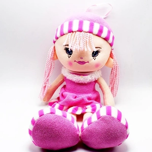 Pink and white plush doll with striped hat and braided hair on white background