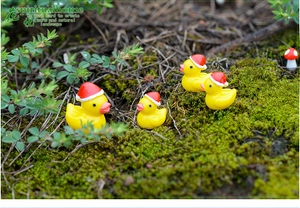 Miniature resin yellow ducks wearing red Santa hats in a mossy micro landscape