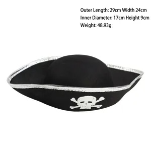 Classic black pirate captain hat for kids with silver trim and skull crossbones icon