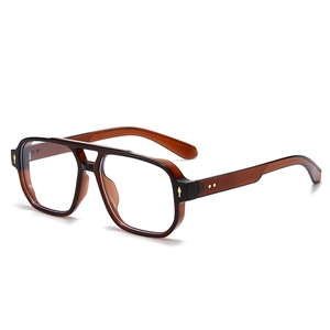 Retro square double bridge pilot eyeglasses with translucent brown amber finish