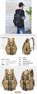 Detailed view of canvas backpack dimensions and material specs showing large capacity