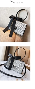 Détail du sac à main en tweed à carreaux avec grand nœud noir et fermoir métallique