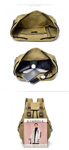 Detail view of khaki canvas backpack showing large capacity for laptop, phone and water bottle