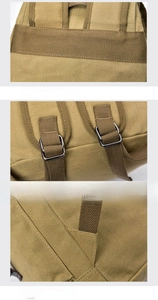 Detail view of khaki canvas backpack showing reinforced stitching and metal buckles
