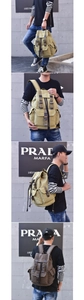 Detailed views of khaki and brown canvas backpacks with leather buckles and multi-pockets