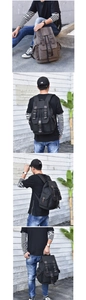 Detail of vintage canvas backpack showing large capacity multi-pocket design and leather straps