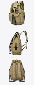 Three-angle view of khaki canvas backpack with leather straps and drawstring closure