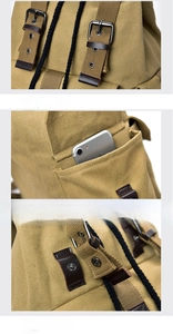 Close-up of vintage metal buckles, side pockets, and snap buttons on the canvas backpack