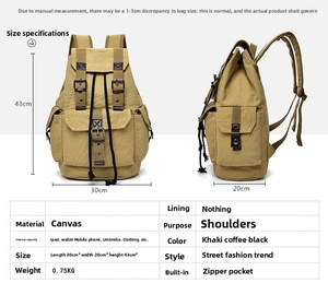 Dual view of khaki canvas backpack showing front and side details with double buckles
