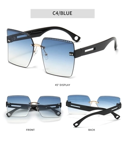 Pantalla de tres vistas de gafas de sol cuadradas sin montura con lentes degradadas azules