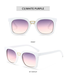 Detailed close-up of white square sunglasses with purple gradient lenses and gold nose bridge