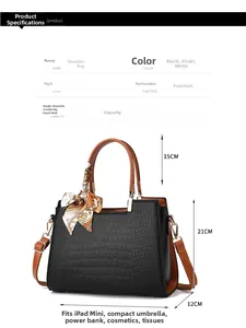 Detailed dimensions of black crocodile texture handbag with floral silk scarf accessory