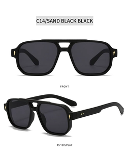 Detail view of square pilot sunglasses in sand black with double bridge frame