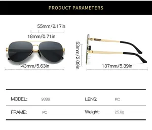 Detailed size chart for stainless steel pilot sunglasses with frame and lens dimensions